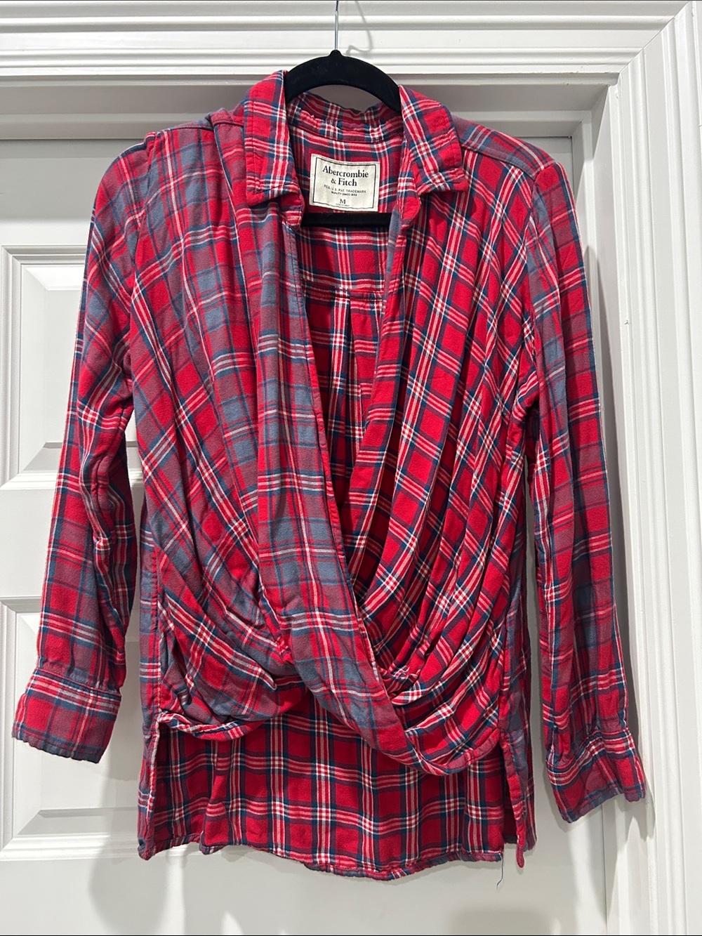 Abercrombie & Fitch Red and Navy Plaid Draped Button-Up
